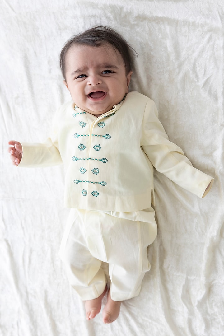 Cream Cotton Satin Embroidered Bandhgala Set For Boys by Tiber Taber at Pernia's Pop Up Shop