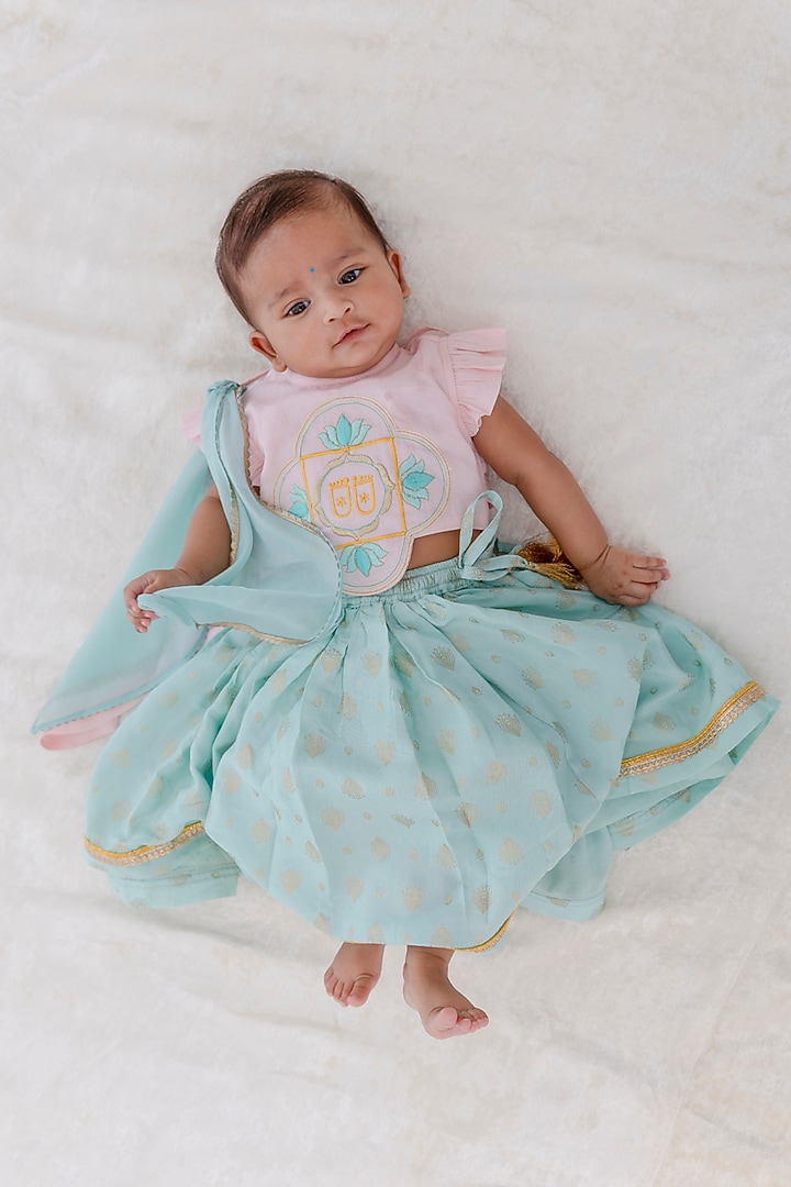 Sky Blue Viscose Printed Lehenga Set For Girls by Tiber Taber at Pernia's Pop Up Shop