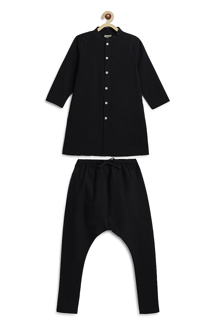 Black Cotton Kurta Set For Boys by Tiber Taber at Pernia's Pop Up Shop