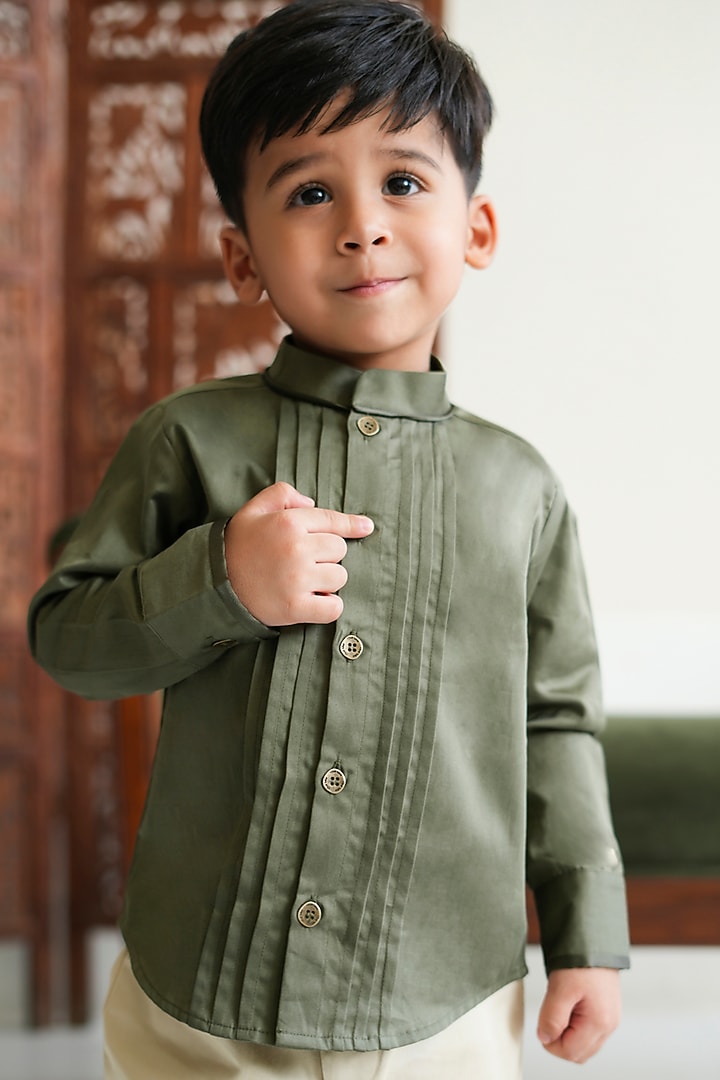 Olive Cotton Shirt For Boys by Tiber Taber at Pernia's Pop Up Shop