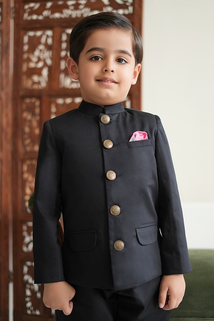 Black Cotton Bandhgala For Boys by Tiber Taber at Pernia's Pop Up Shop