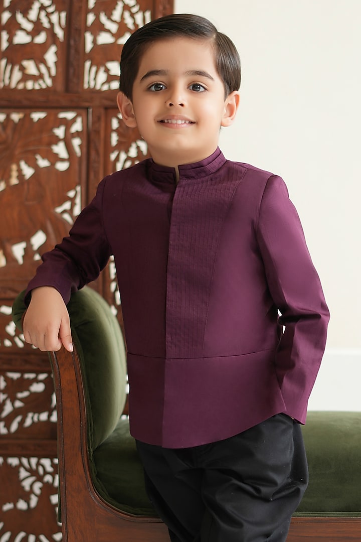 Maroon Cotton Satin Bandhgala For Boys by Tiber Taber at Pernia's Pop Up Shop