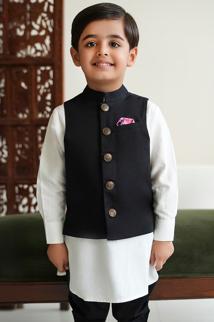 Black Cotton Nehru Jacket For Boys by Tiber Taber at Pernia's Pop Up Shop