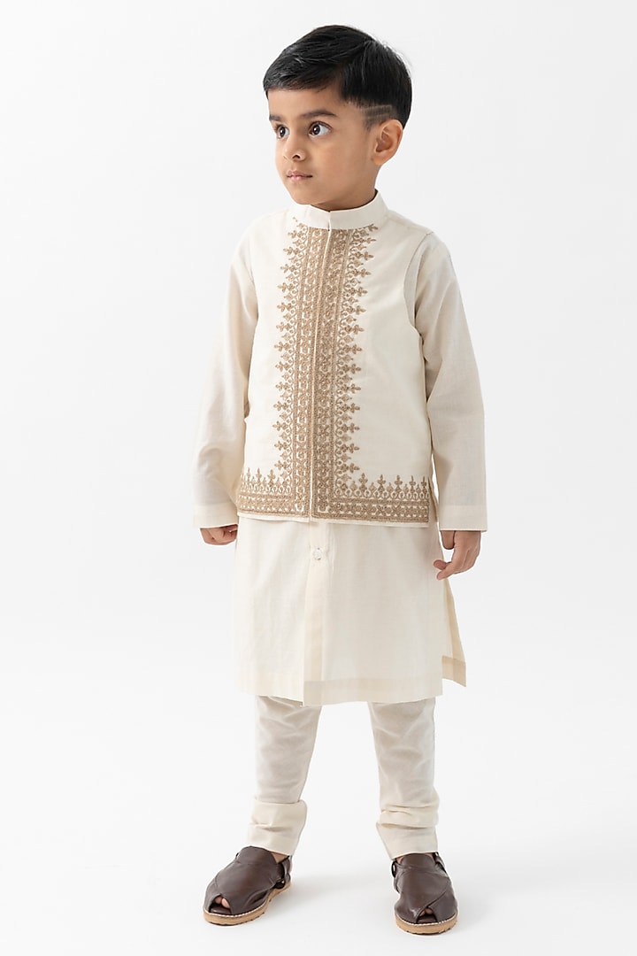 Cream Cotton Thread Embroidered Nehru Jacket For Boys by Tiber Taber at Pernia's Pop Up Shop