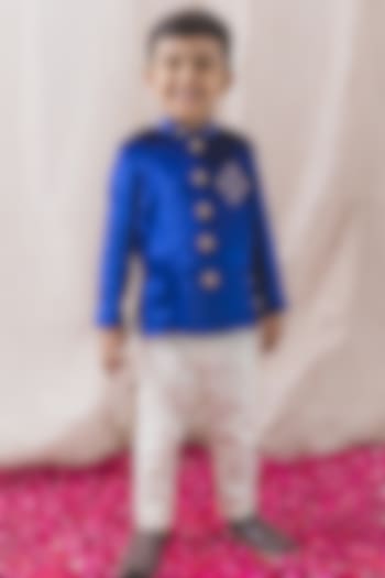 Blue Viscose Velvet Zari Embroidered Bandhgala Jacket Set For Boys by Tiber Taber