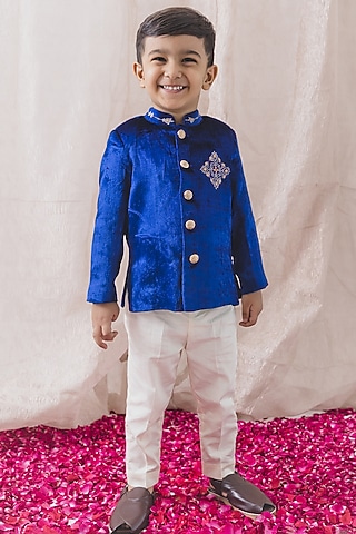 Blue Viscose Velvet Zari Embroidered Bandhgala Jacket Set For Boys by Tiber Taber