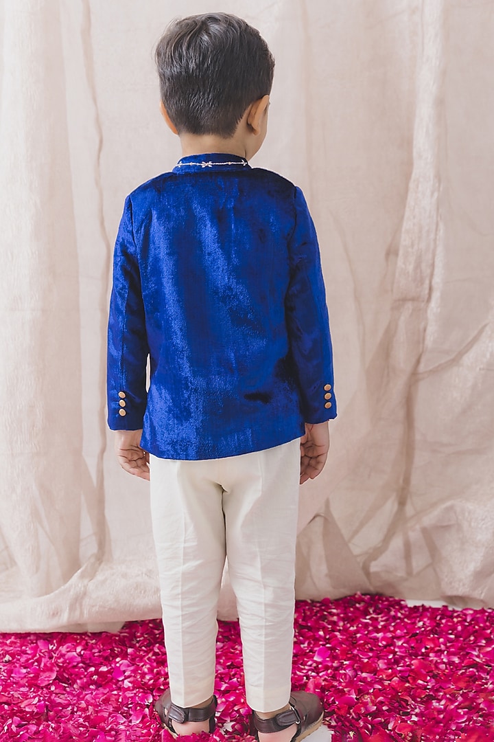 Blue Viscose Velvet Zari Embroidered Bandhgala Jacket Set For Boys by Tiber Taber at Pernia's Pop Up Shop