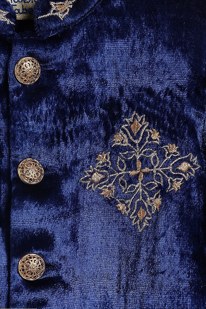 Blue Viscose Velvet Zari Embroidered Bandhgala Jacket Set For Boys by Tiber Taber at Pernia's Pop Up Shop