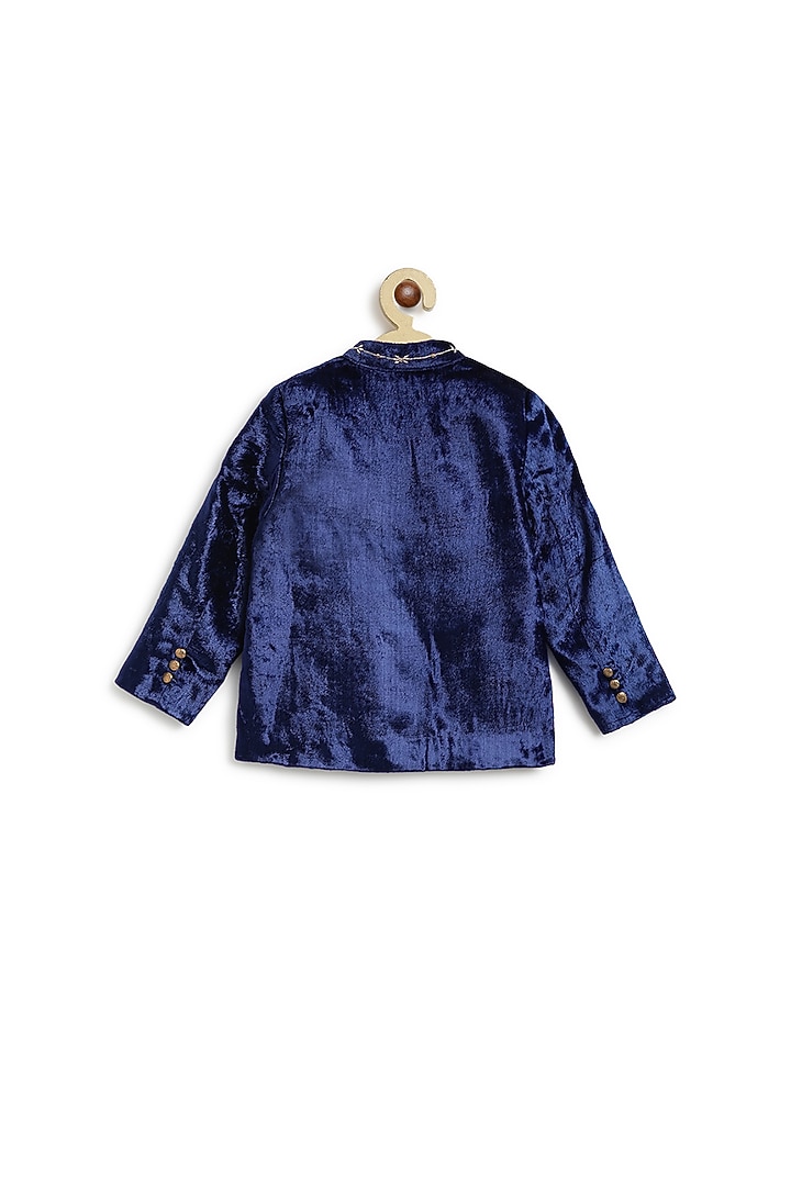 Blue Viscose Velvet Zari Embroidered Bandhgala Jacket Set For Boys by Tiber Taber at Pernia's Pop Up Shop