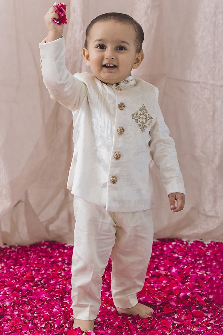 Cream Viscose Velvet Zari Embroidered Bandhgala Jacket Set For Boys by Tiber Taber