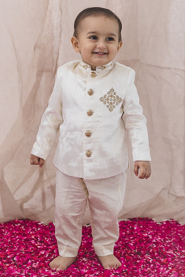 Cream Viscose Velvet Zari Embroidered Bandhgala Jacket Set For Boys by Tiber Taber at Pernia's Pop Up Shop