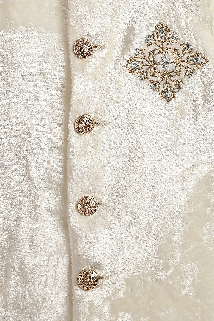 Cream Viscose Velvet Zari Embroidered Bandhgala Jacket Set For Boys by Tiber Taber at Pernia's Pop Up Shop