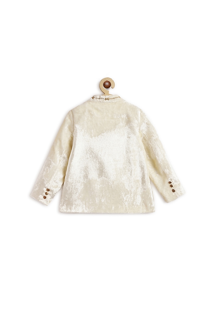 Cream Viscose Velvet Zari Embroidered Bandhgala Jacket Set For Boys by Tiber Taber at Pernia's Pop Up Shop