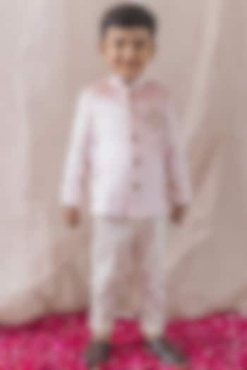 Pink Viscose Velvet Zari Embroidered Bandhgala Jacket Set For Boys by Tiber Taber