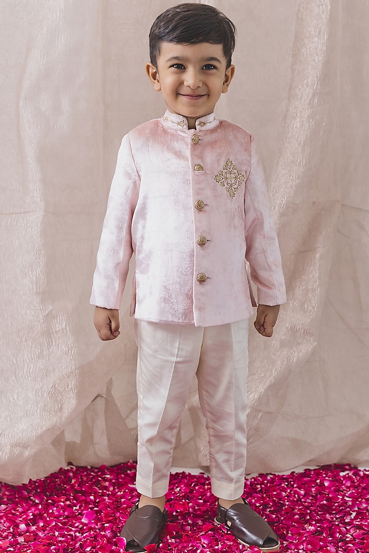 Pink Viscose Velvet Zari Embroidered Bandhgala Jacket Set For Boys by Tiber Taber