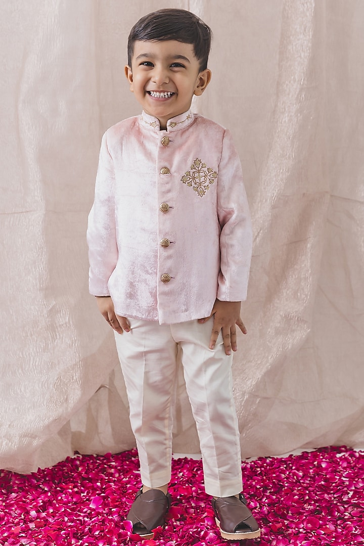 Pink Viscose Velvet Zari Embroidered Bandhgala Jacket Set For Boys by Tiber Taber at Pernia's Pop Up Shop