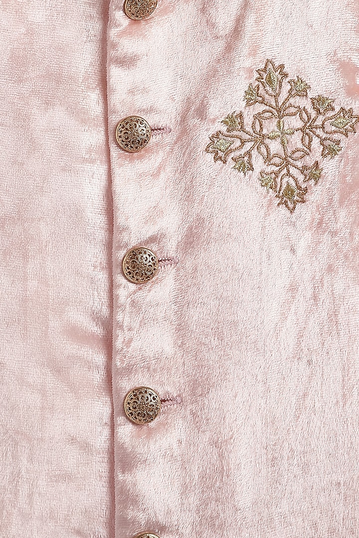 Pink Viscose Velvet Zari Embroidered Bandhgala Jacket Set For Boys by Tiber Taber at Pernia's Pop Up Shop