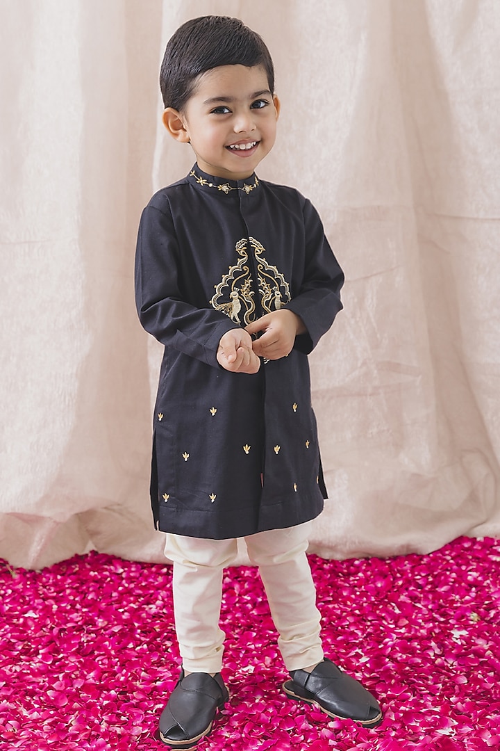 Black Cotton Peacock Embroidered Kurta Set For Boys by Tiber Taber