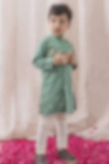 Sage Green Cotton Embroidered Kurta Set For Boys by Tiber Taber at Pernia's Pop Up Shop