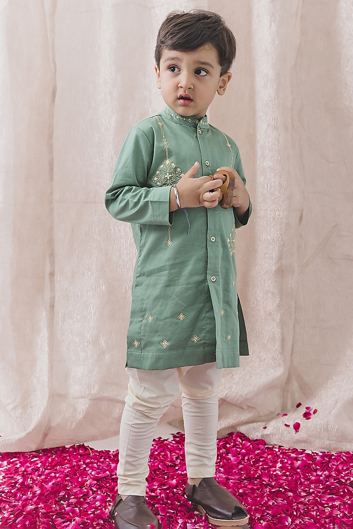 Sage Green Cotton Embroidered Kurta Set For Boys by Tiber Taber at Pernia's Pop Up Shop