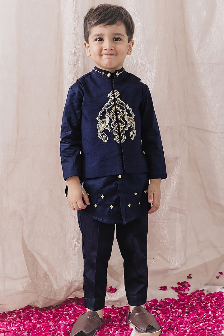 Navy Blue Cotton Satin Peacock Embroidered Bundi Jacket Set by Tiber Taber at Pernia's Pop Up Shop