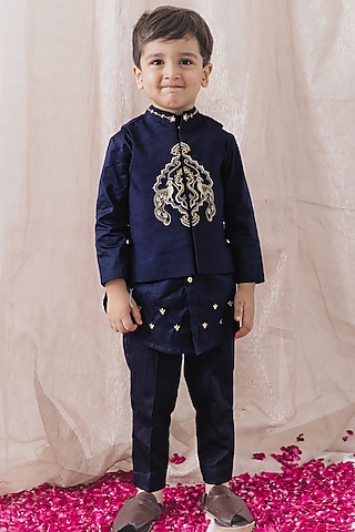 Navy Blue Cotton Satin Peacock Embroidered Bundi Jacket Set by Tiber Taber