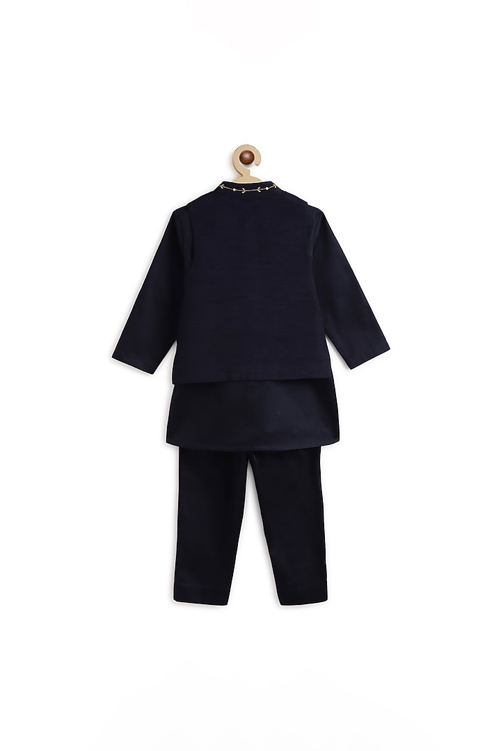 Navy Blue Cotton Satin Peacock Embroidered Bundi Jacket Set by Tiber Taber at Pernia's Pop Up Shop