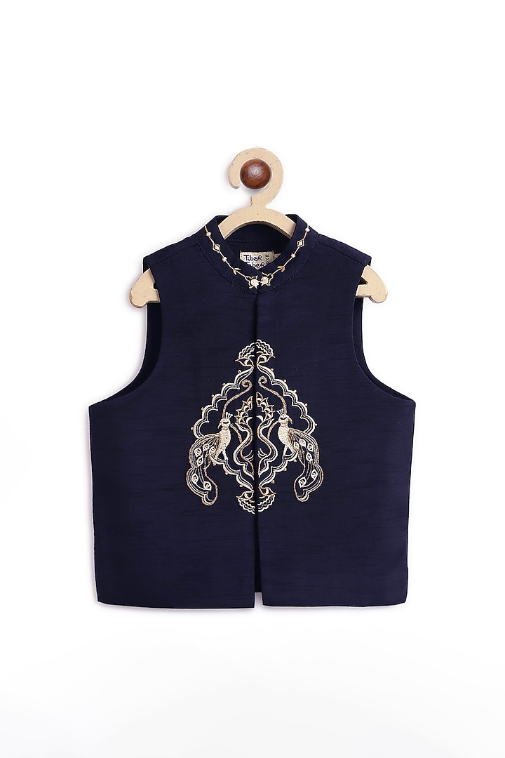 Navy Blue Cotton Satin Peacock Embroidered Bundi Jacket Set by Tiber Taber at Pernia's Pop Up Shop