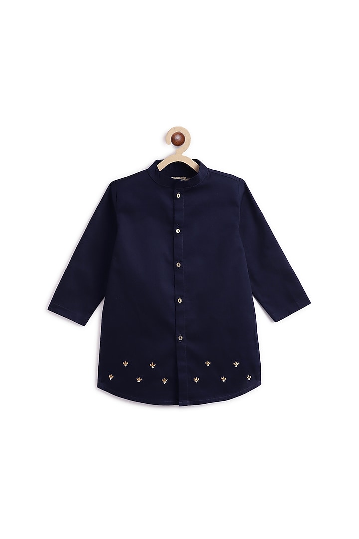 Navy Blue Cotton Satin Peacock Embroidered Bundi Jacket Set by Tiber Taber at Pernia's Pop Up Shop