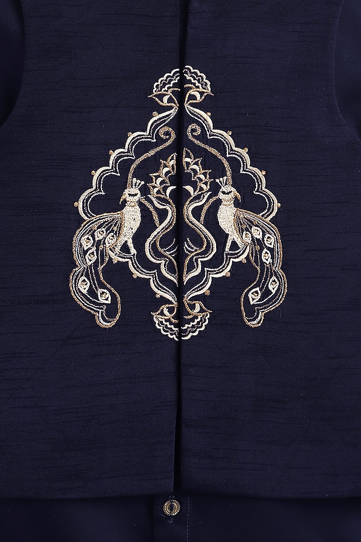 Navy Blue Cotton Satin Peacock Embroidered Bundi Jacket Set by Tiber Taber at Pernia's Pop Up Shop