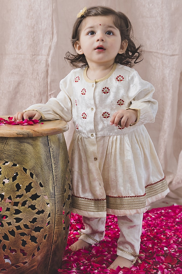 Cream Viscose Velvet Lace Embellished Flared Angrakha Set For Girls by Tiber Taber at Pernia's Pop Up Shop