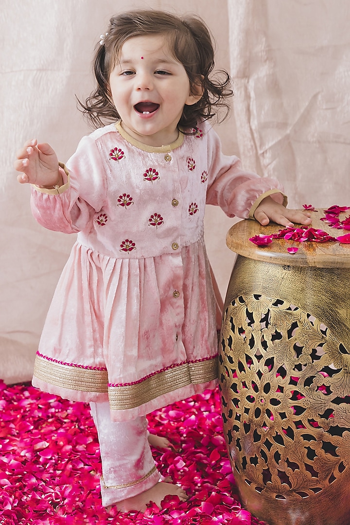 Pink Viscose Velvet Lace Embellished Flared Angrakha Set For Girls by Tiber Taber at Pernia's Pop Up Shop