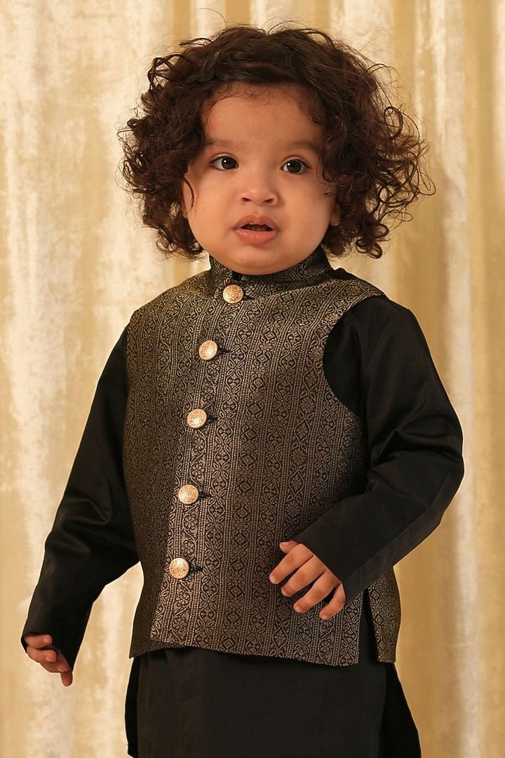 Black Brocade Viscose Bundi Jacket For Boys by Tiber Taber at Pernia's Pop Up Shop