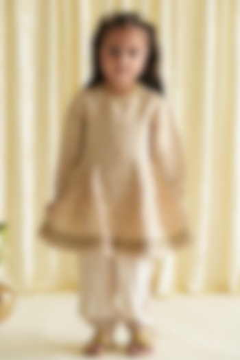 Cream Brocade Kurta Set For Girls by Tiber Taber at Pernia's Pop Up Shop