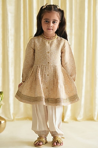 Cream Brocade Kurta Set For Girls by Tiber Taber