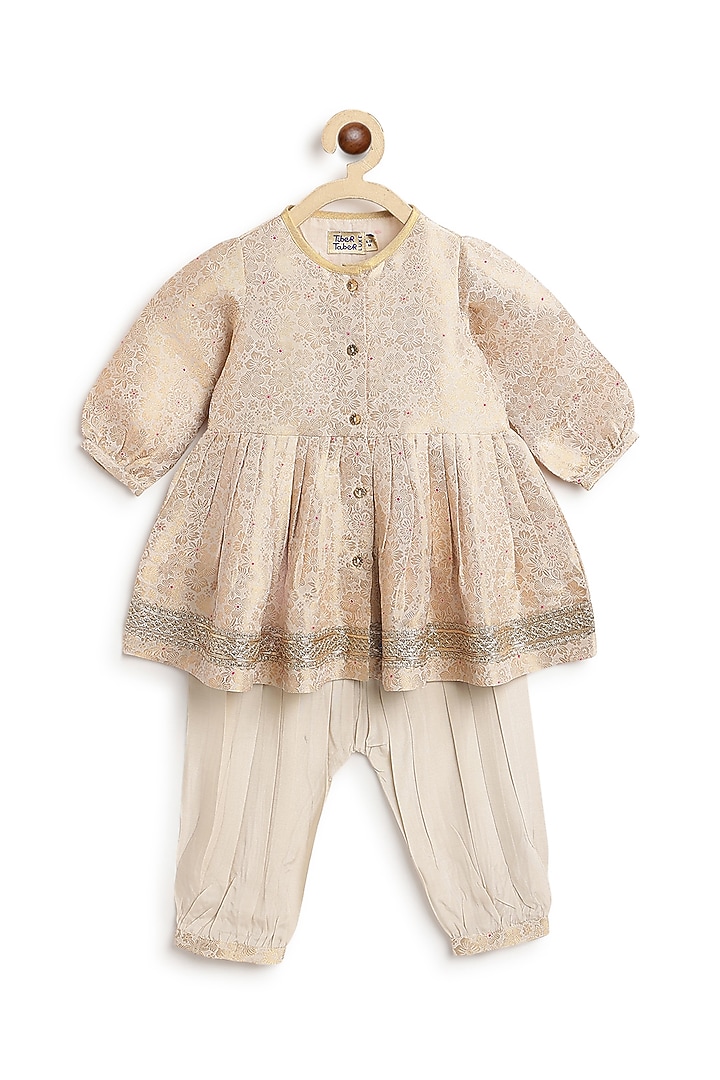 Cream Brocade Kurta Set For Girls by Tiber Taber at Pernia's Pop Up Shop