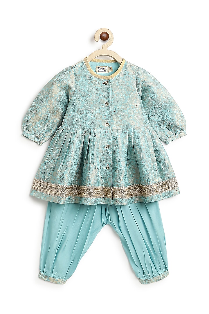 Blue Brocade Kurta Set For Girls by Tiber Taber at Pernia's Pop Up Shop