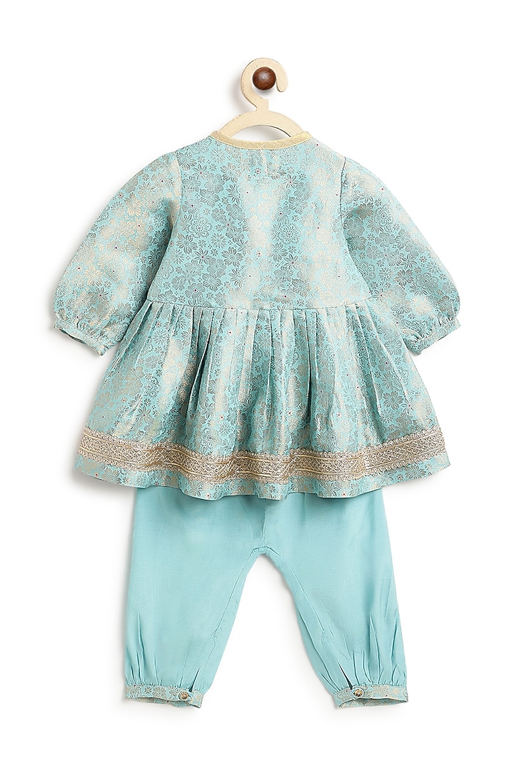 Blue Brocade Kurta Set For Girls by Tiber Taber at Pernia's Pop Up Shop