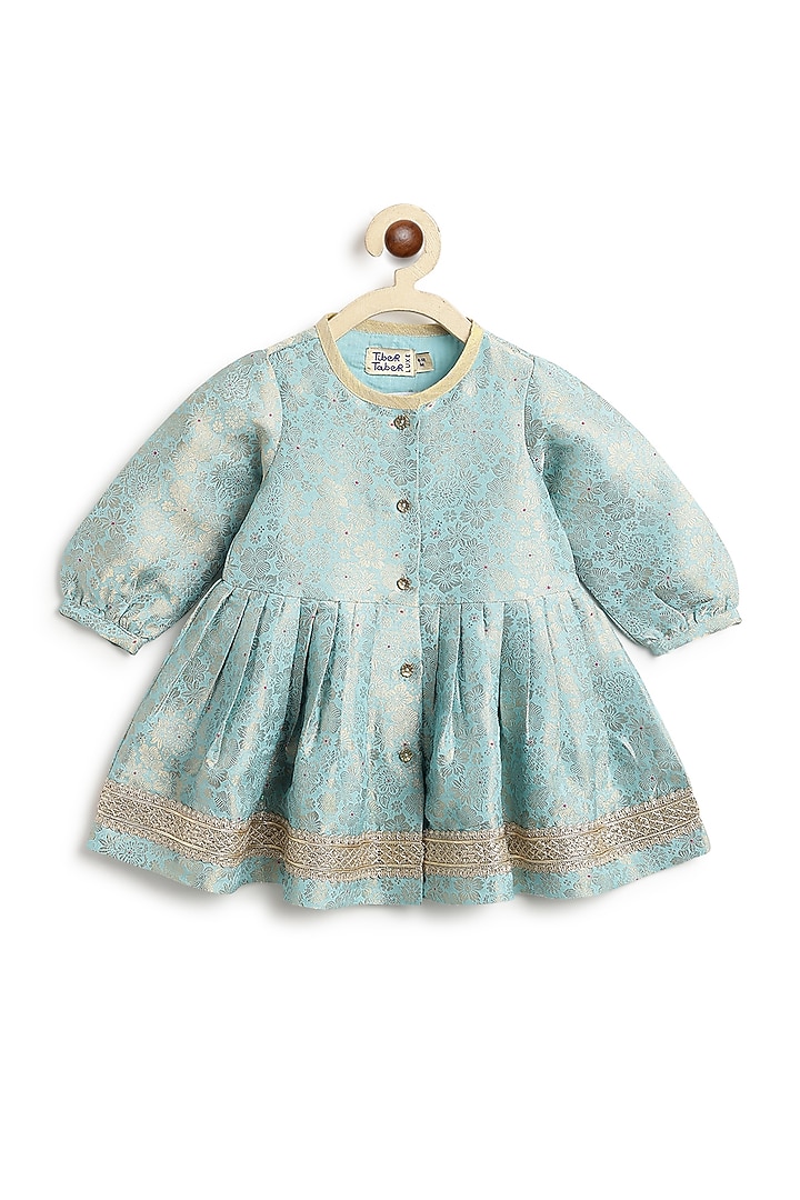 Blue Brocade Kurta Set For Girls by Tiber Taber at Pernia's Pop Up Shop