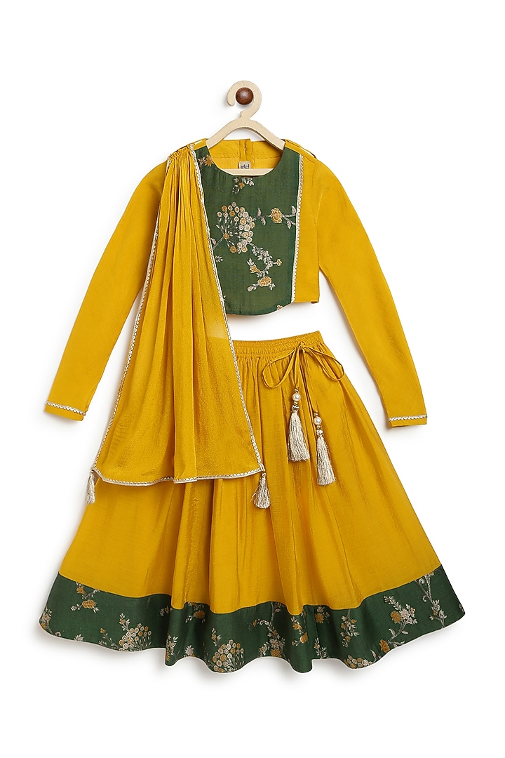 Yellow Viscose Poly Blend Lehenga Set For Girls by Tiber Taber at Pernia's Pop Up Shop