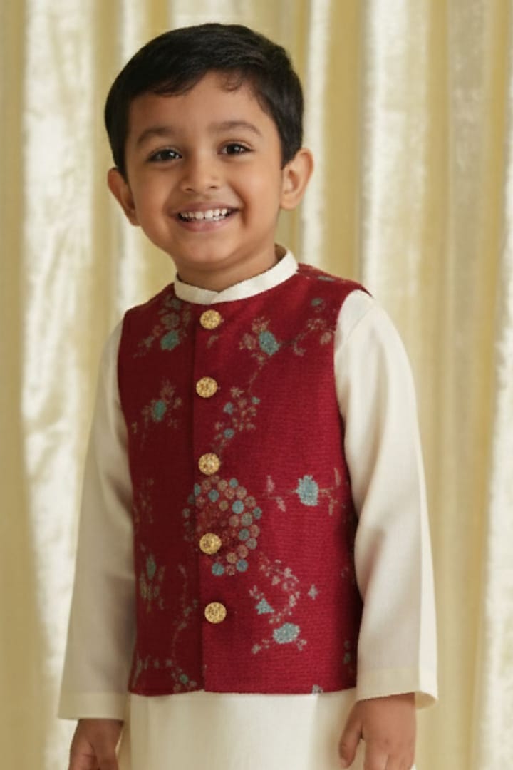 Red Brocade Viscose Bundi Jacket For Boys by Tiber Taber at Pernia's Pop Up Shop