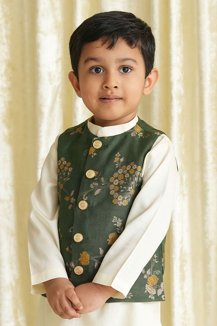 Green Brocade Viscose Bundi Jacket For Boys by Tiber Taber at Pernia's Pop Up Shop
