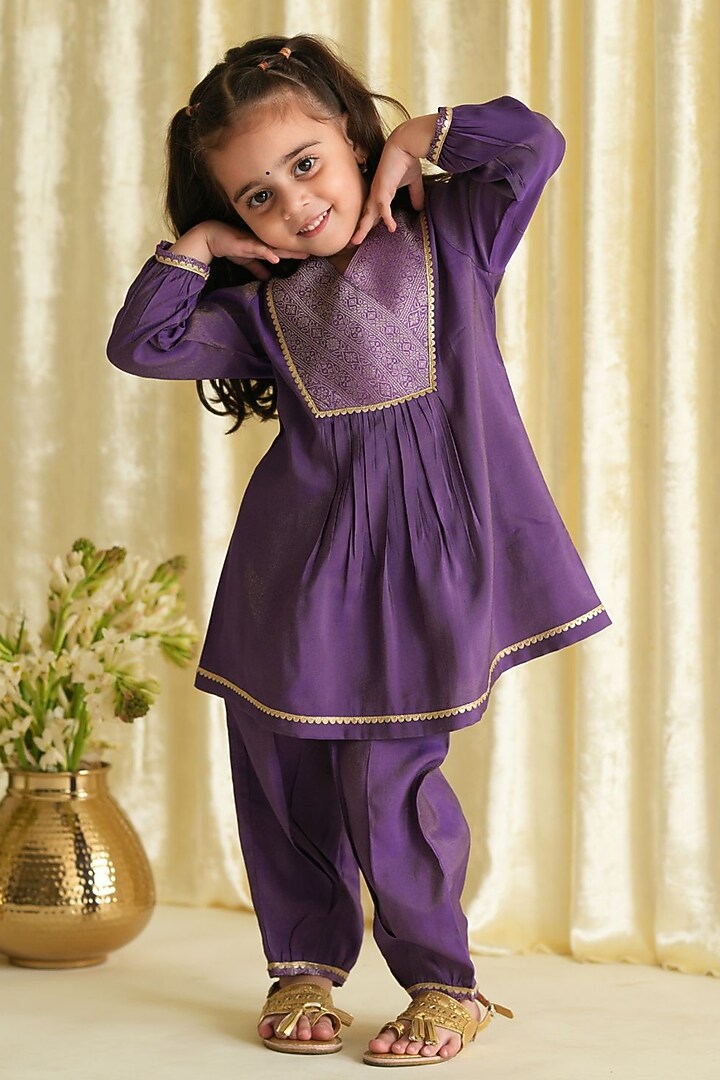 Purple Viscose Poly Blend Embellished Kurta Set For Girls by Tiber Taber at Pernia's Pop Up Shop