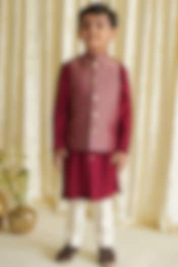 Maroon Viscose Brocade Bundi Jacket Set For Boys by Tiber Taber at Pernia's Pop Up Shop