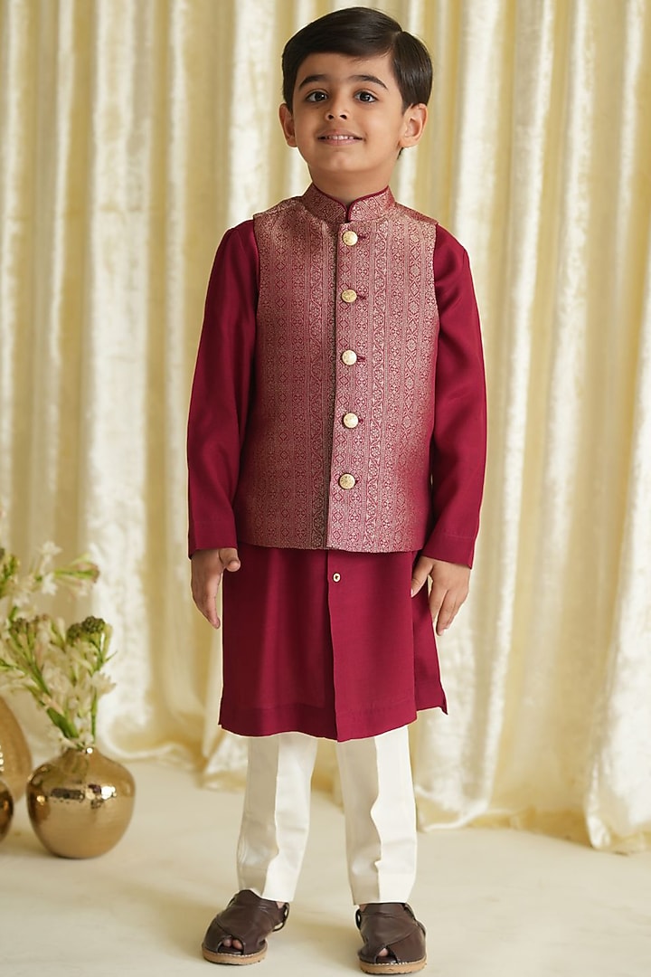 Maroon Viscose Brocade Bundi Jacket Set For Boys by Tiber Taber at Pernia's Pop Up Shop