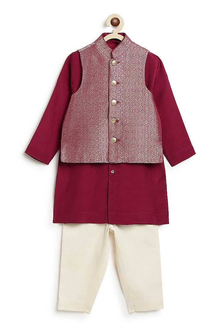 Maroon Viscose Brocade Bundi Jacket Set For Boys by Tiber Taber at Pernia's Pop Up Shop