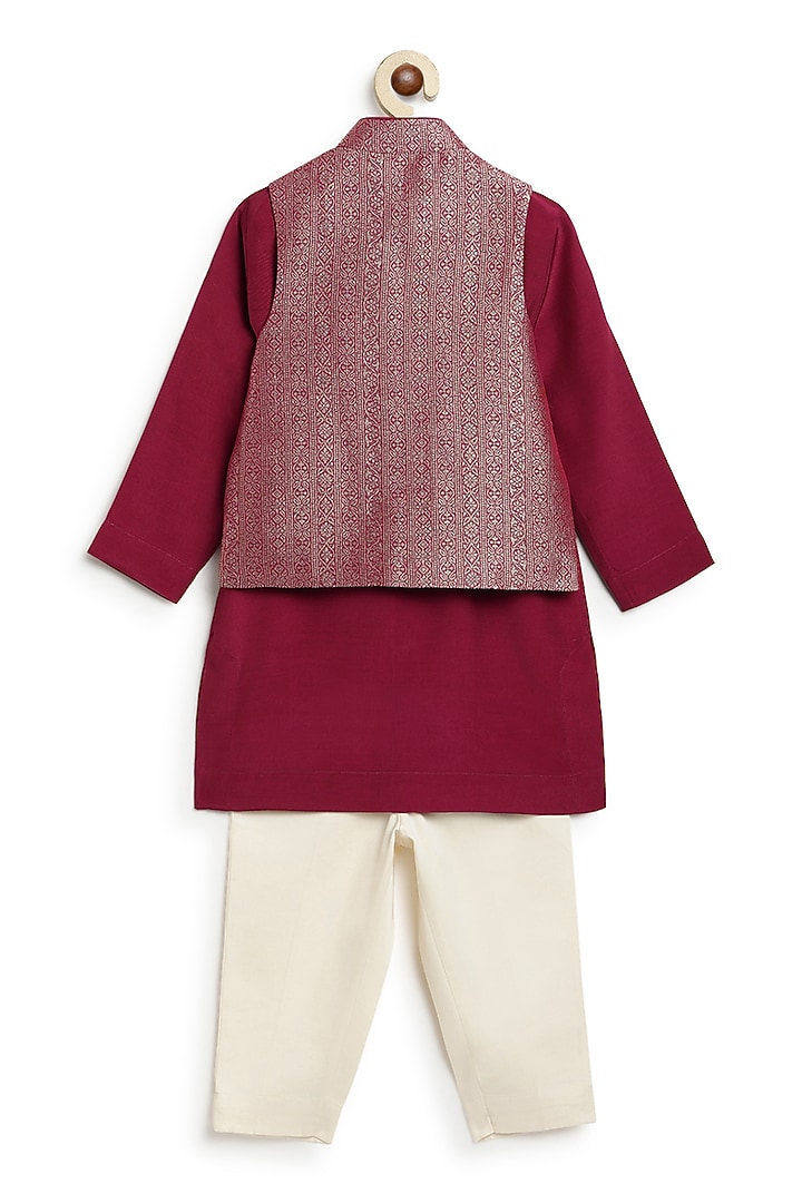 Maroon Viscose Brocade Bundi Jacket Set For Boys by Tiber Taber at Pernia's Pop Up Shop
