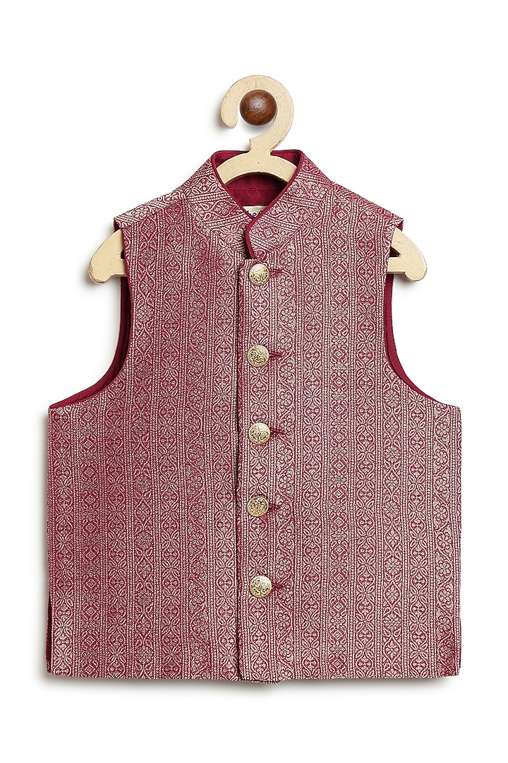 Maroon Viscose Brocade Bundi Jacket Set For Boys by Tiber Taber at Pernia's Pop Up Shop