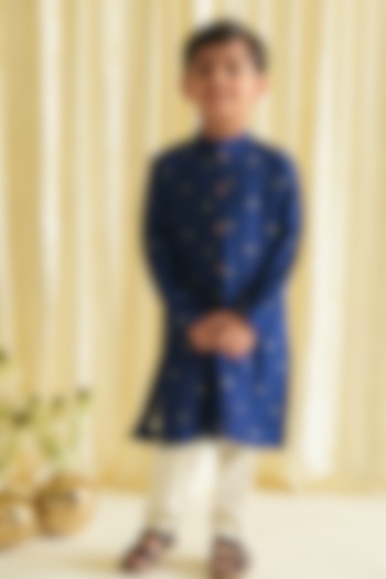 Blue Viscose Brocade Embroidered Kurta Set For Boys by Tiber Taber at Pernia's Pop Up Shop