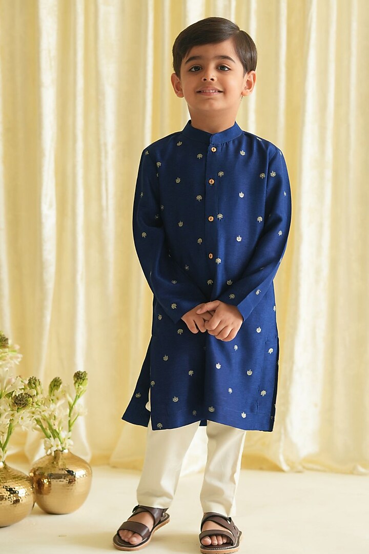 Blue Viscose Brocade Embroidered Kurta Set For Boys by Tiber Taber at Pernia's Pop Up Shop